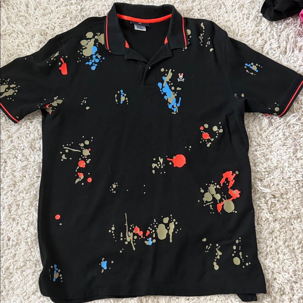 Psycho Bunny Black Polo with Colorful Splatter